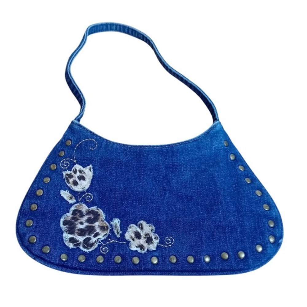 Y2K Dark Denim Studded Animal Print Leopard‎ Floral Purse Handbag Mcbling 10"